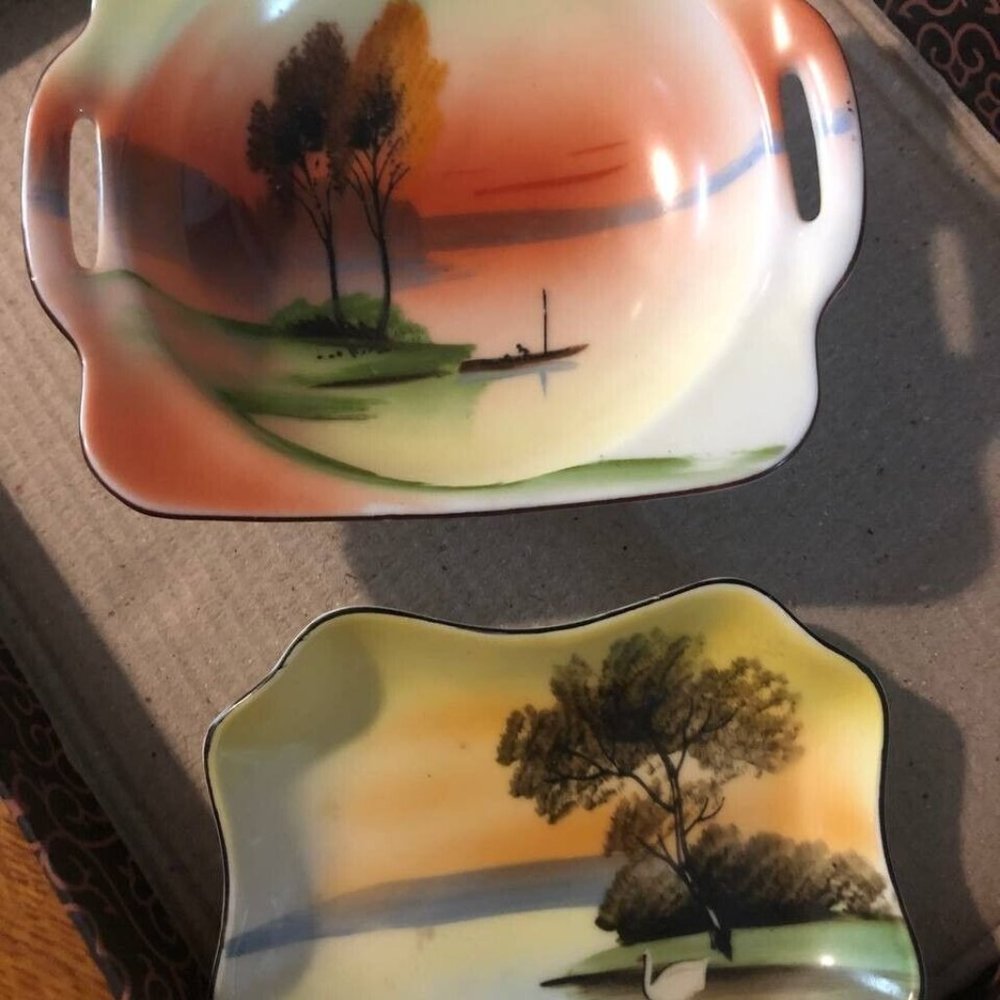 Noritake Hand Painted Bowls Set of 2 Square w/handles Vintage